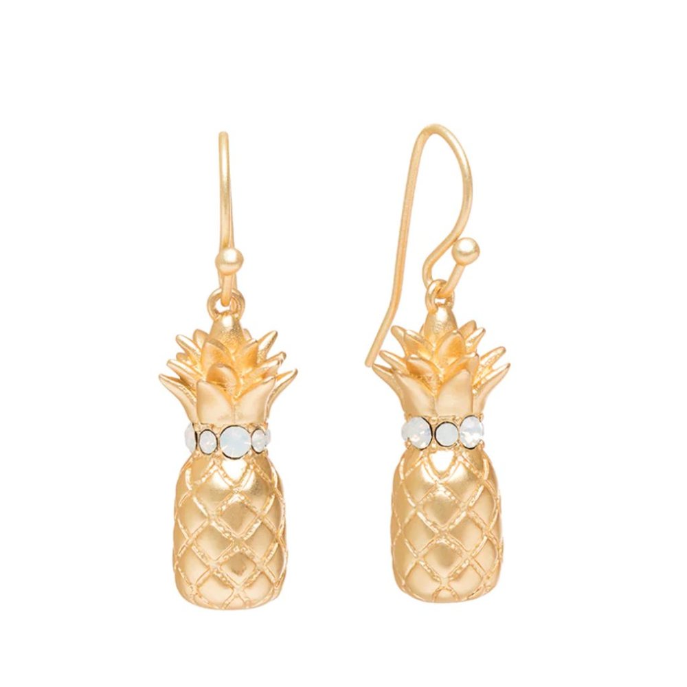 Pineapple Drop Earrings 18kt Matte Gold Plating w/ White Opal Glass Crys…
